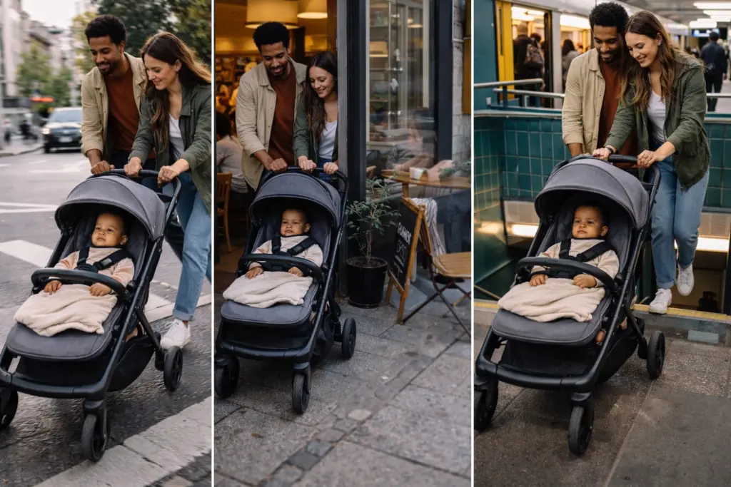 Kinderwagen auf engem Gehweg in der Stadt – wendig zwischen Menschen unterwegs