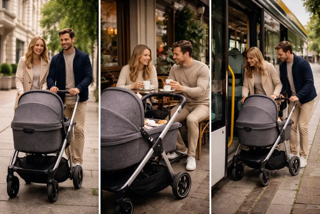 Kinderwagen im Stadtalltag – wendig auf Gehweg, im Café und beim Einstieg in Bus