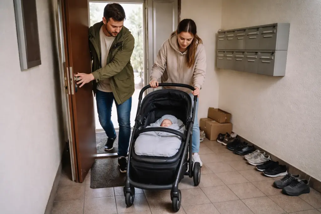 Kompakter Kinderwagen im Hausflur – leichtes Überwinden der Türschwelle im Alltag
