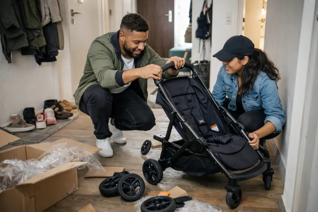 Kinderwagen wird im Hausflur aufgebaut – schneller Aufbau ohne Werkzeug