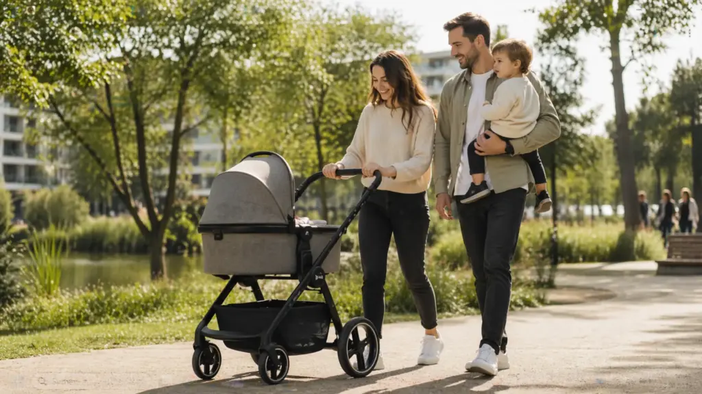Familie mit modernem ABC Design Kinderwagen bei Spaziergang im Park