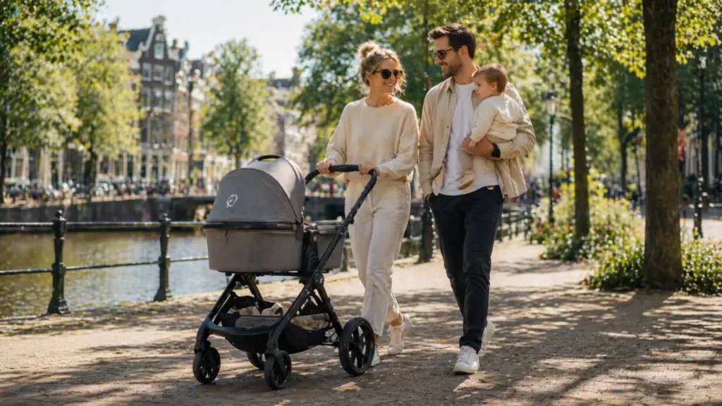Junge Familie spaziert mit modernem Premium Kinderwagen auf einem sonnigen Weg am Wasser – passend für Bugaboo Kinderwagen Test.