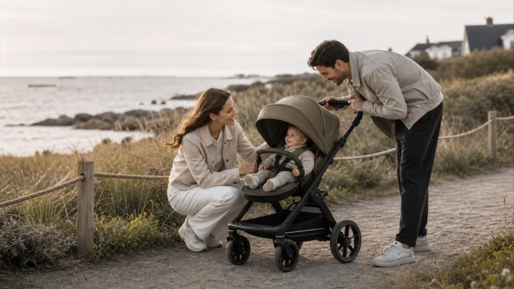 Junge Familie mit Baby im hochwertigen Kinderwagen auf einem skandinavischen Küstenweg mit Dünen, Meer und natürlichem Licht.