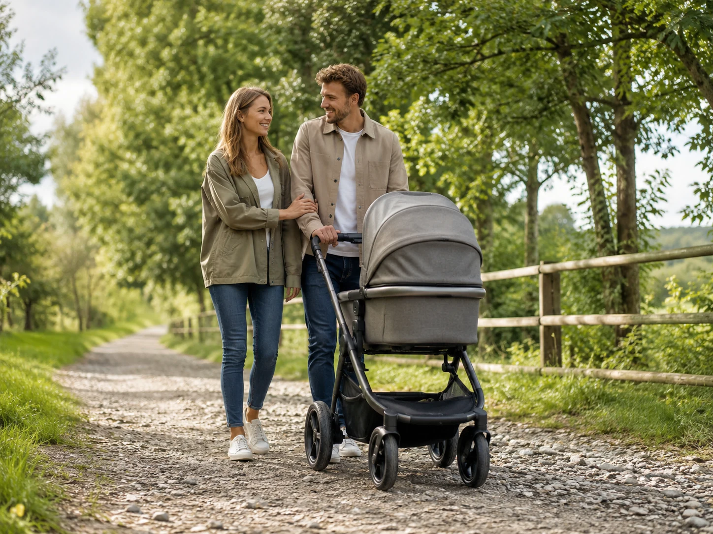 Eltern schieben einen robusten Kinderwagen über einen unebenen Schotterweg im Grünen