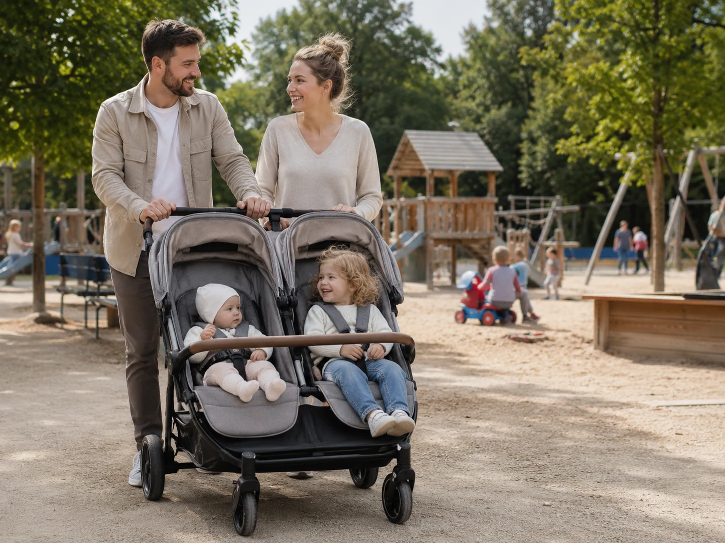 Familie mit Geschwisterwagen und zwei nebeneinander sitzenden Kindern auf einem Spielplatz