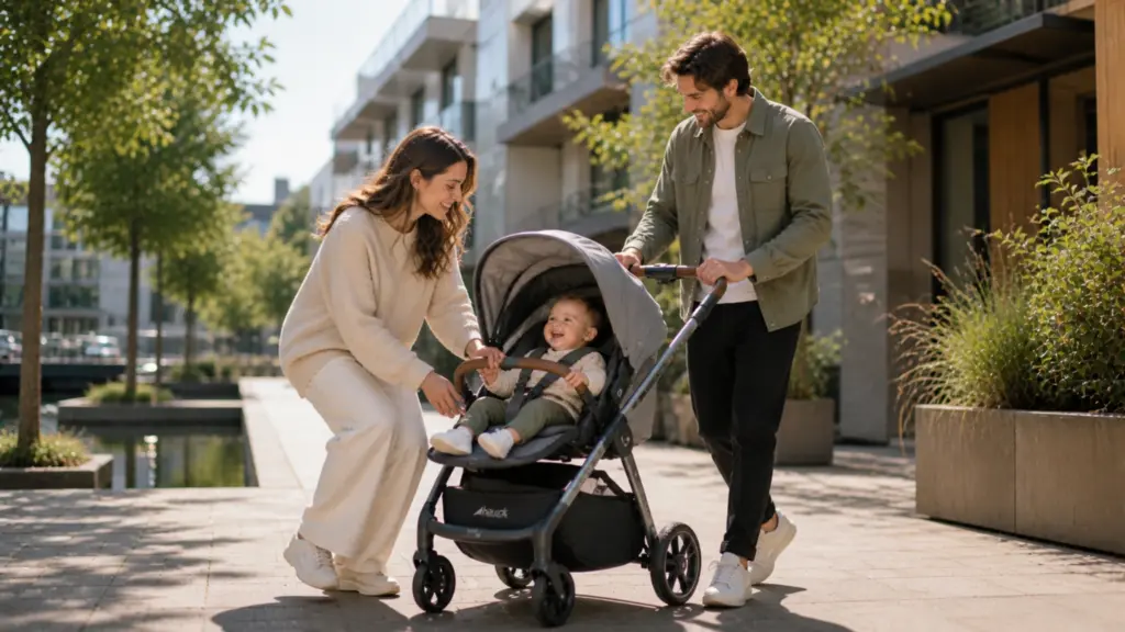 Junge Familie mit Baby im praktischen Kinderwagen bei einem sonnigen Spaziergang durch ein modernes urbanes Wohnviertel mit viel Grün.