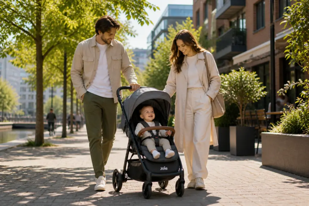 Junge Familie mit Baby im praktischen Kinderwagen bei einem sonnigen Spaziergang entlang eines grünen urbanen Kanals mit moderner Wohnarchitektur.