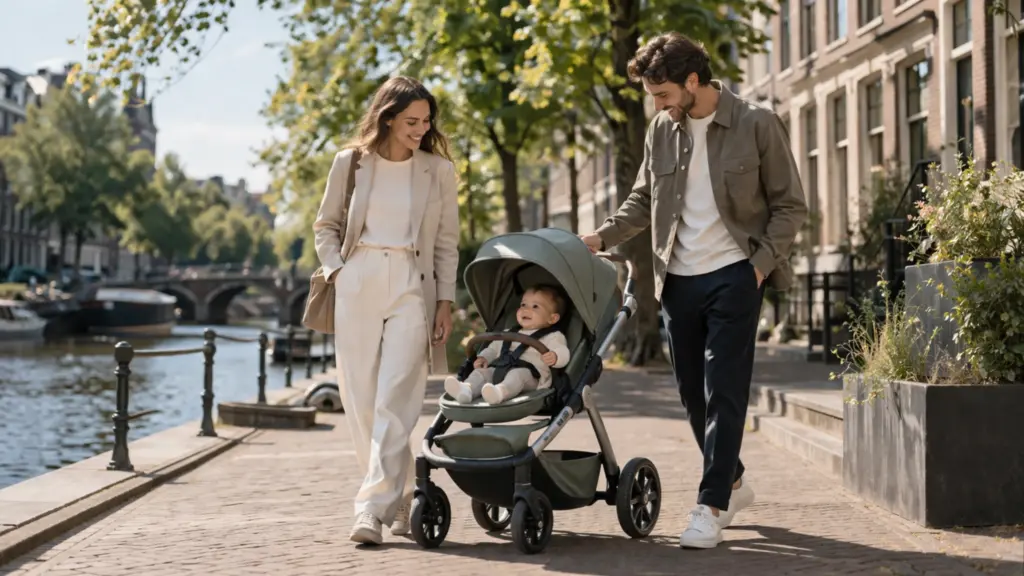 Junge Familie mit Baby im modernen Kinderwagen bei einem sonnigen Spaziergang entlang eines urbanen Kanals mit Bäumen und eleganten Stadthäusern