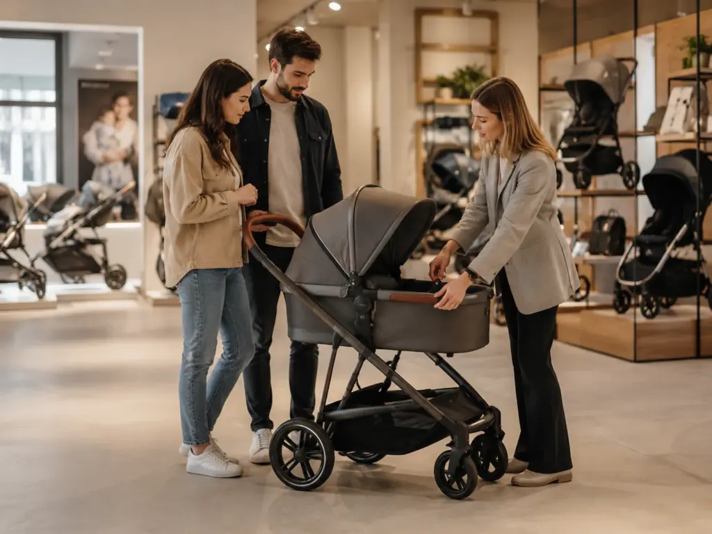 Junges Paar lässt sich in einem modernen Kinderwagen-Fachgeschäft von einer Beraterin zu einem Kinderwagen beraten.