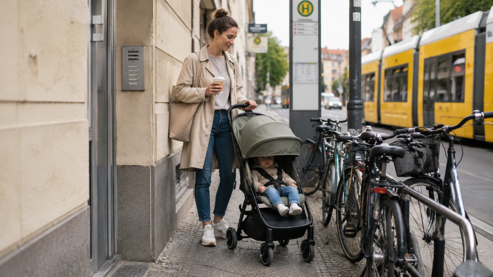 Mutter mit kompaktem Kinderwagen auf engem Stadtweg nahe einer Haltestelle