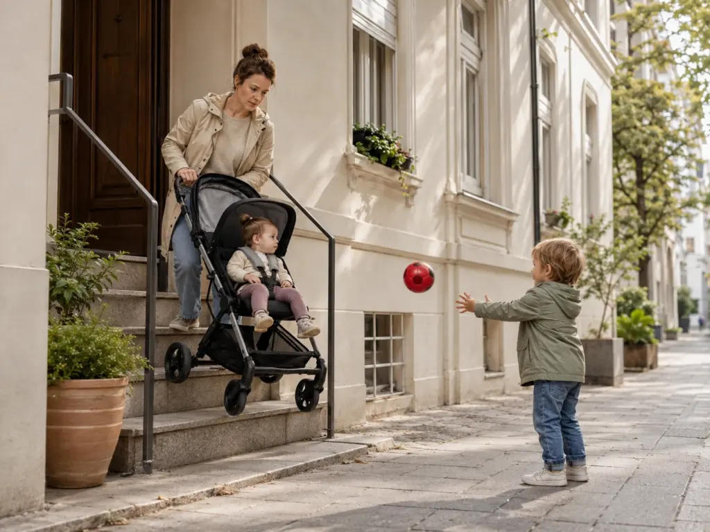 Mutter fährt einen Kinderwagen auf den Hinterrädern eine Haustreppe hinunter, während ein Junge auf dem Bürgersteig einen roten Ball wirft.