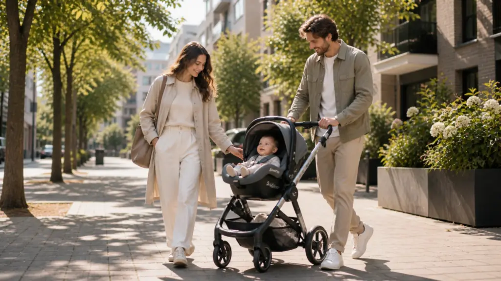 Junge Familie mit Baby im modernen Kinderwagen bei einem sonnigen Spaziergang durch ein grünes urbanes Wohnviertel mit zeitgemäßer Architektur.