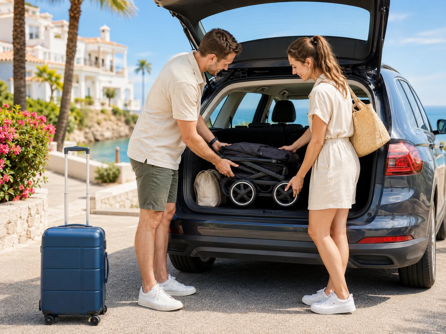 Eltern verstauen einen kompakten Reisebuggy im Kofferraum an einem sonnigen Urlaubsort