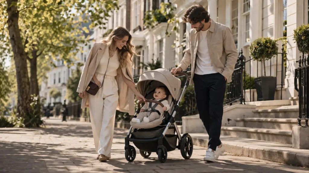 Junge Familie mit Baby im eleganten Kinderwagen bei einem sonnigen Spaziergang durch ein gehobenes Stadtviertel mit klassischen Stadthäusern.