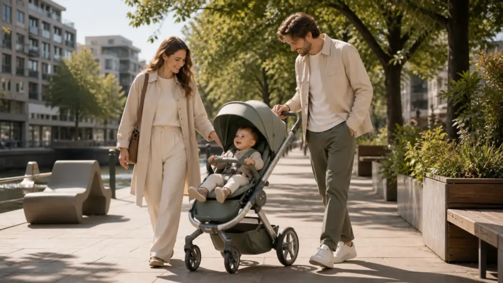 Junge Familie mit Baby im modernen Kinderwagen bei einem sonnigen Spaziergang durch einen urbanen Park mit Kanal, Bäumen und moderner Architektur.