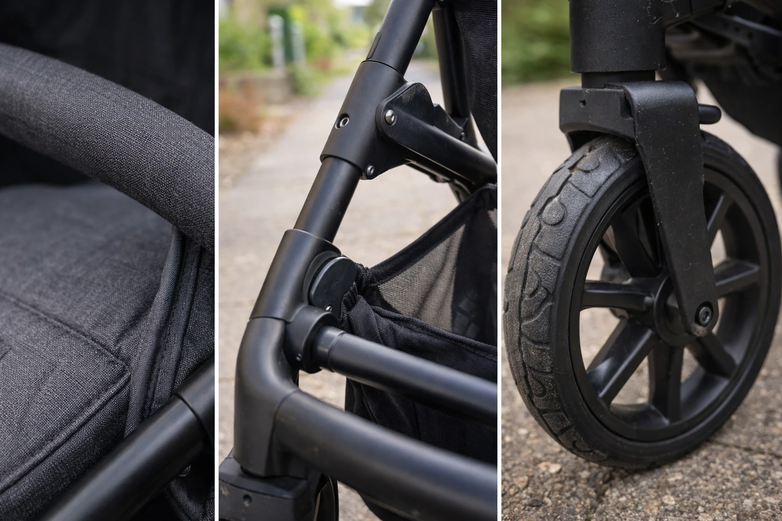 Kinderwagen-Details im Alltag – robuste Stoffe, stabile Räder und sauber verarbeiteter Rahmen