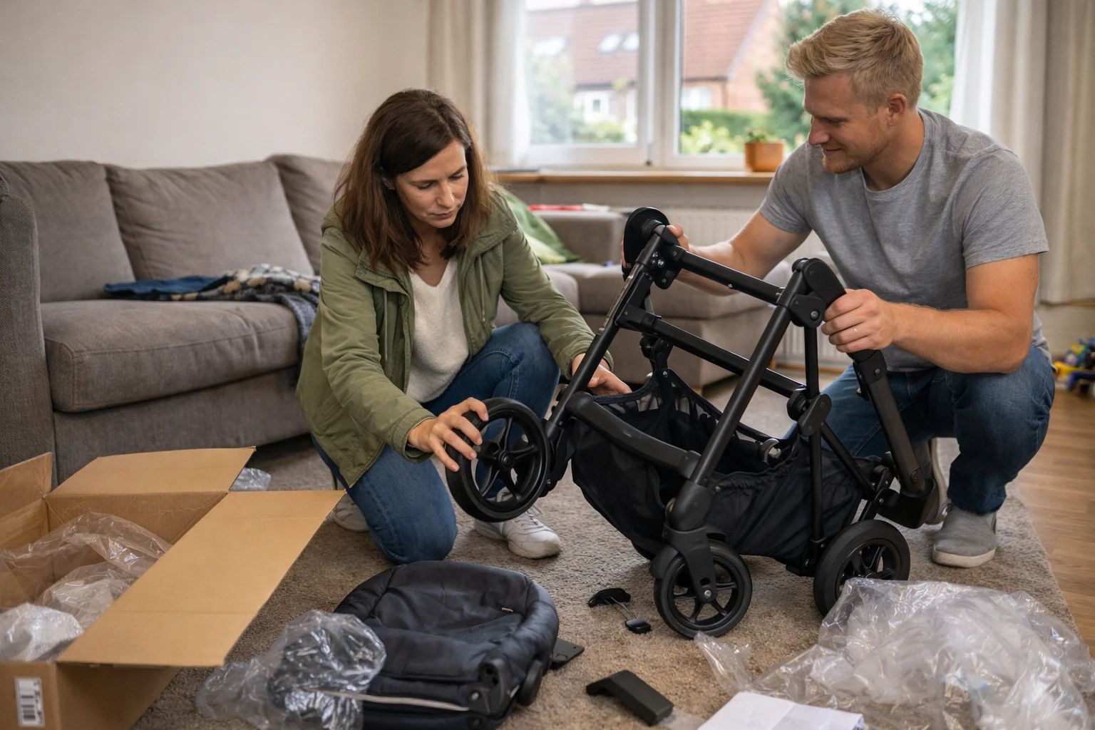 Kinderwagen wird im Wohnzimmer aufgebaut – einfacher Aufbau mit stabilen Bauteilen für den Alltag