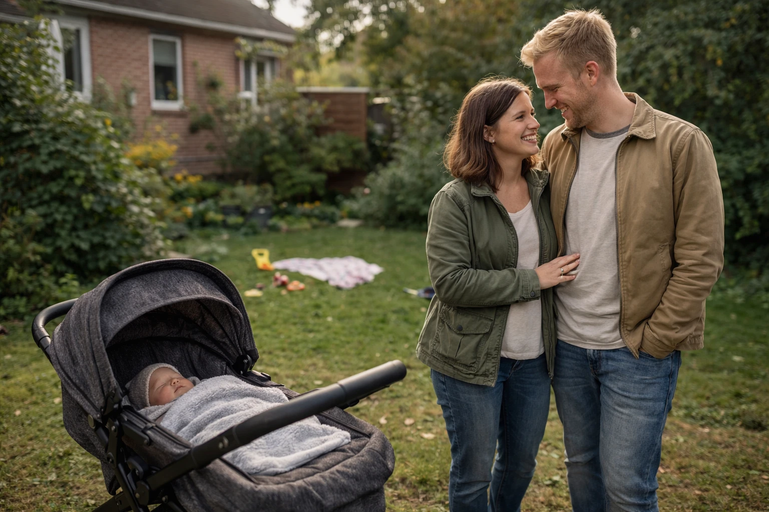 Kinderwagen im Garten neben Familie – entspannte Alltagsszene mit stabilem Buggy für Spaziergänge