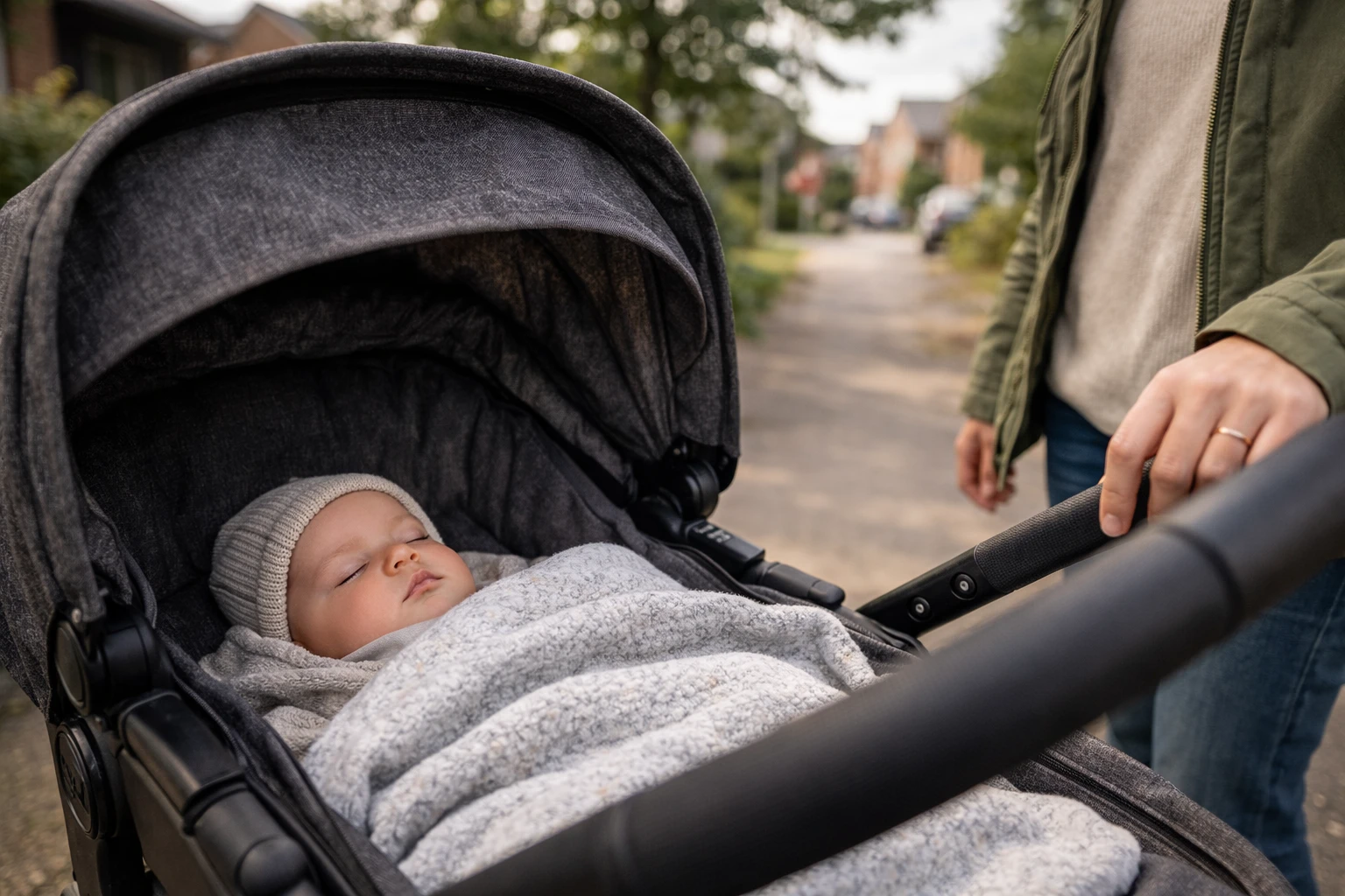 Kinderwagen mit gepolsterter Liegefläche – Baby liegt ruhig geschützt unter großem Verdeck
