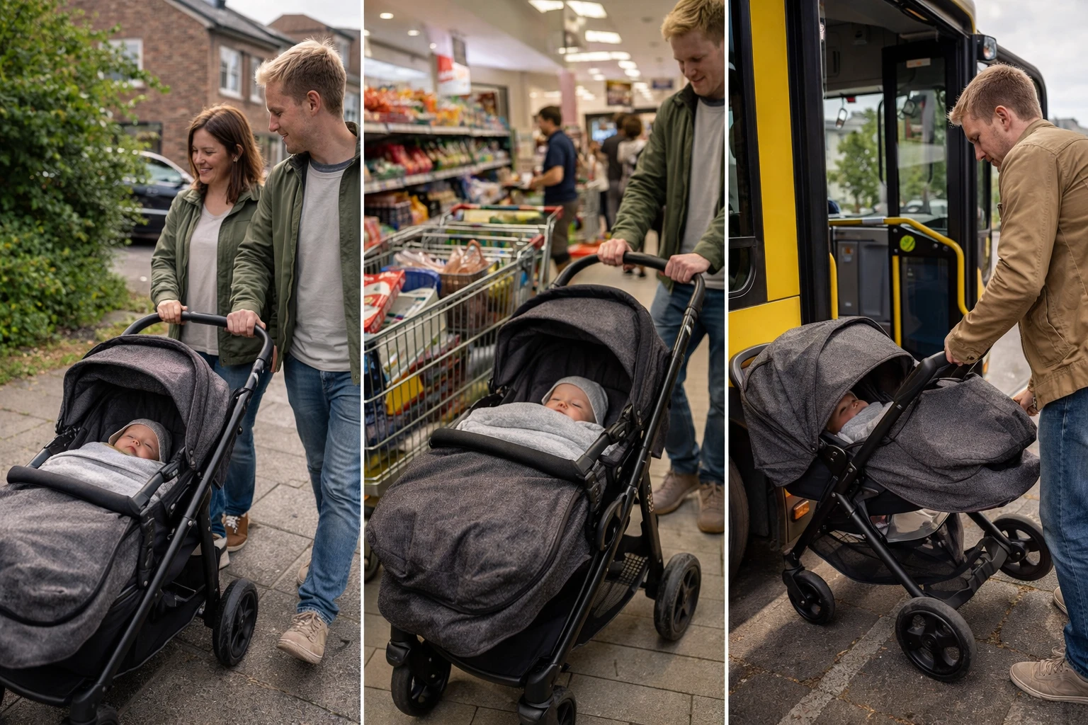 Kinderwagen auf Gehweg, im Laden und beim Bus – flexible Nutzung in Stadt und Familienalltag