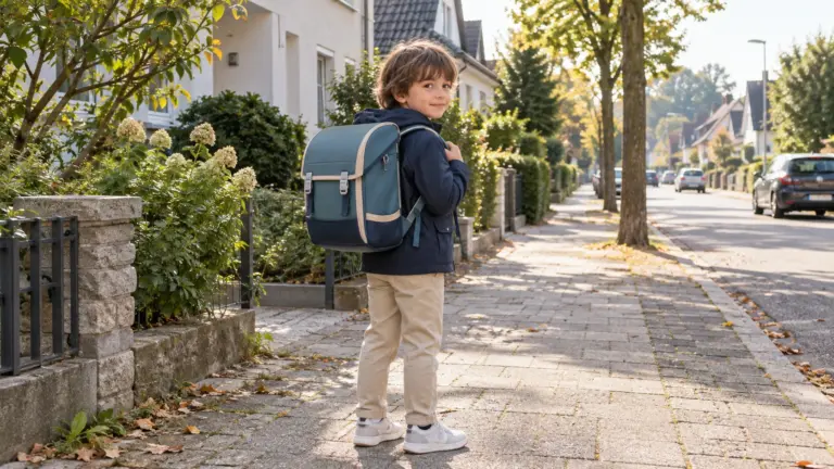 Grundschulkind mit leichtem Schulranzen in einer ruhigen Vorstadt