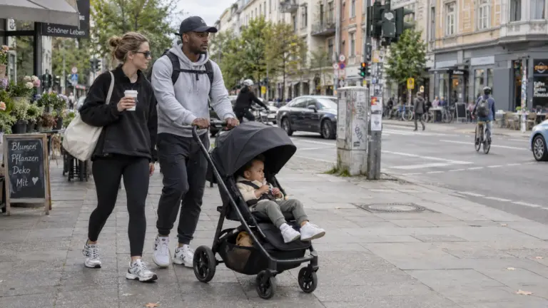 ABC Design Avus 3 ähnlicher City-Buggy mit Familie auf einem Gehweg in der Innenstadt