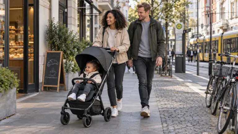 Familie mit ABC Design Ping 4 Trekking auf einem innerstädtischen Gehweg