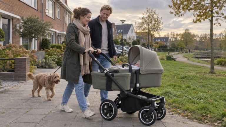 Bugaboo Donkey 6 Mono mit Babywanne bei einem Familienspaziergang im ruhigen Wohnviertel