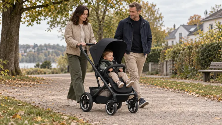 CYBEX Talos S Lux auf einem befestigten Parkweg mit Familie und Kind im Sportsitz
