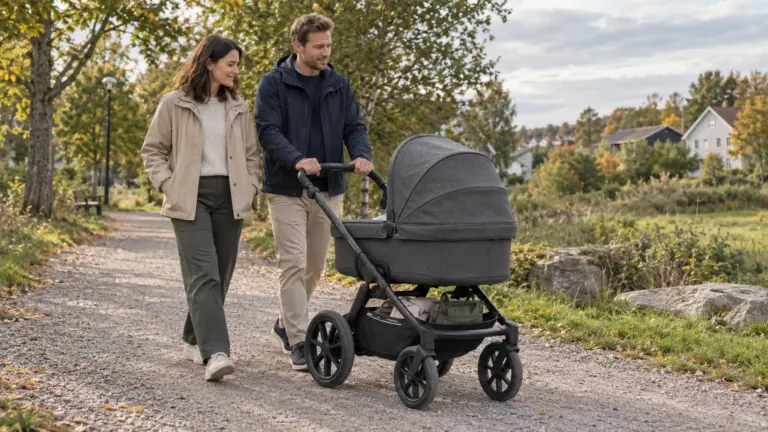 Der Emmaljunga SENTO MAX ist vollständig in einer seitlichen 3/4-Perspektive zu sehen. Große Hinterräder, kleinere Vorderräder, Babywanne, Verdeck, Schieber und Einkaufskorb sind gut erkennbar und vermitteln die großzügigen Proportionen des Kinderwagens.