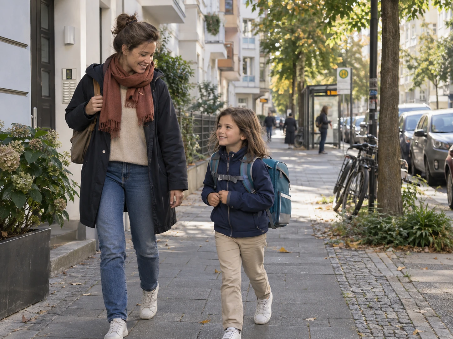 ergobag cubo light – Grundschulkind mit Schulranzen auf einem urbanen Schulweg am Morgen