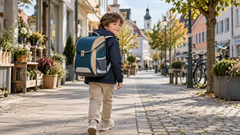Kind mit Schulranzen in einer deutschen Kleinstadt – ergobag pack Review 2026