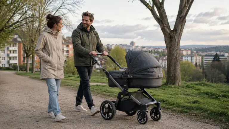 Joolz Geo5 Kinderwagen mit Eltern und Baby auf einem Parkweg im Familienalltag
