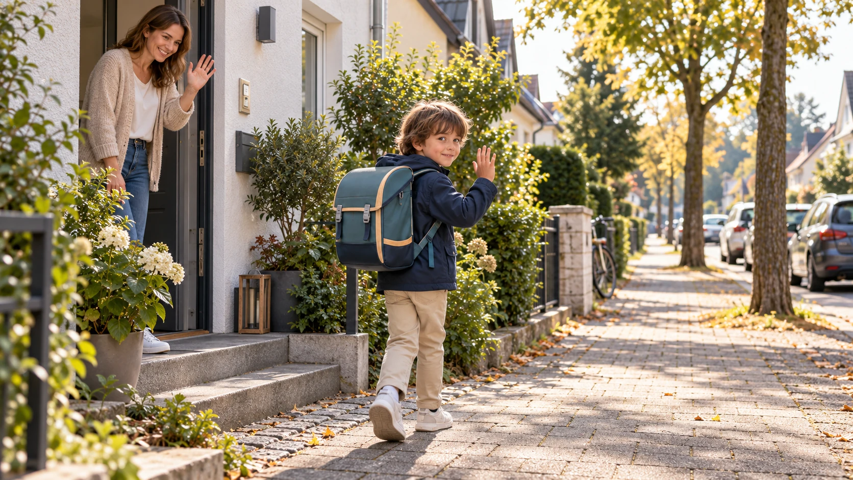 Kind mit Schulranzen auf dem morgendlichen Schulweg