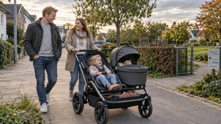 Bugaboo Donkey 6 Double Geschwisterwagen mit Baby und Kleinkind beim Spaziergang im Wohnviertel