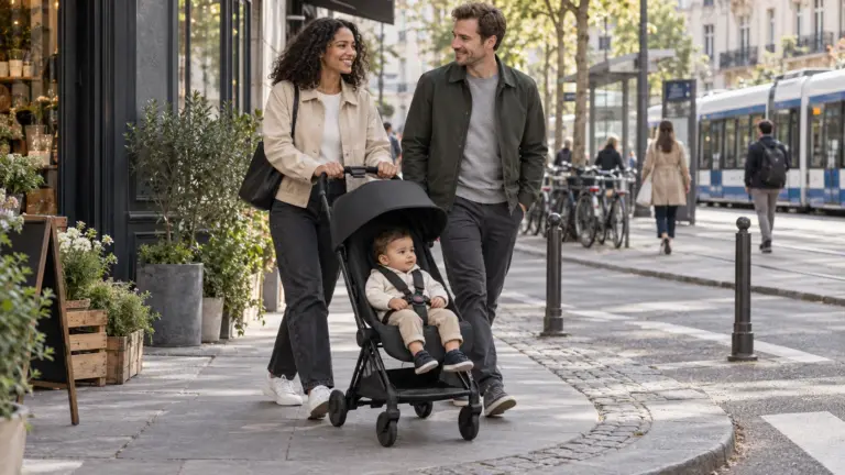 Familie mit kompaktem CYBEX Coya Reisebuggy auf einem innerstädtischen Gehweg