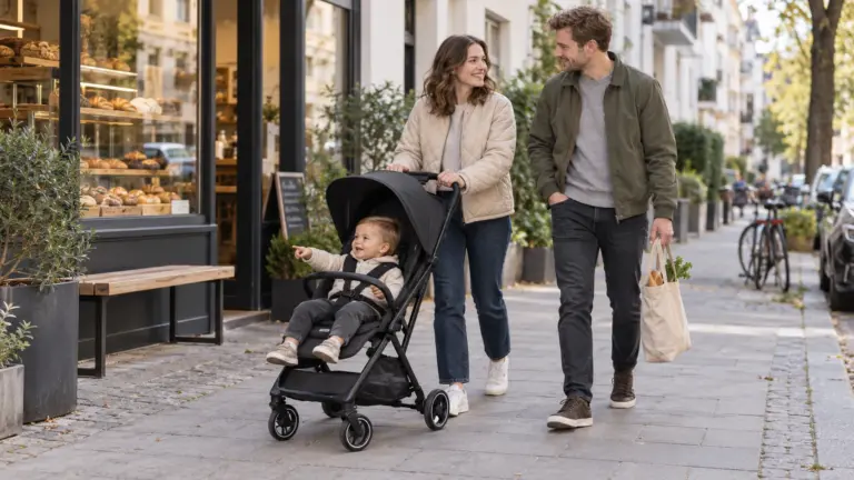 Hauck Fly N Care Reisebuggy mit Familie im urbanen Alltag vor einer Bäckerei