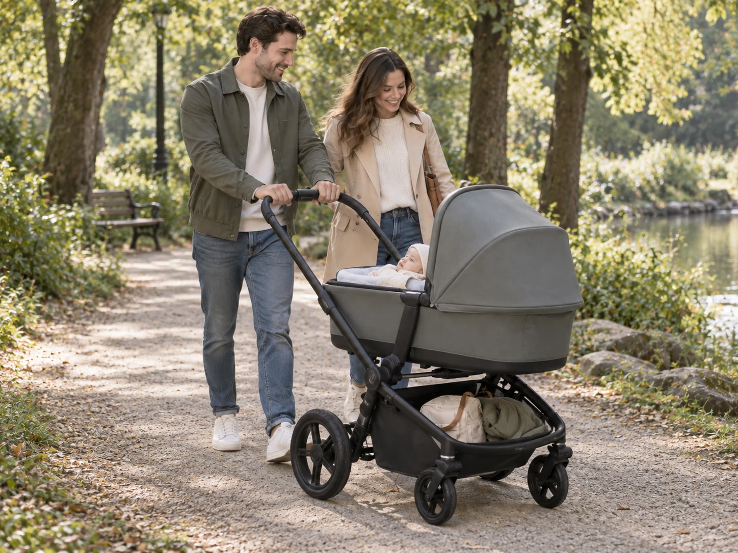 Bugaboo Cub auf befestigtem Parkweg mit großen Rädern und Babywanne