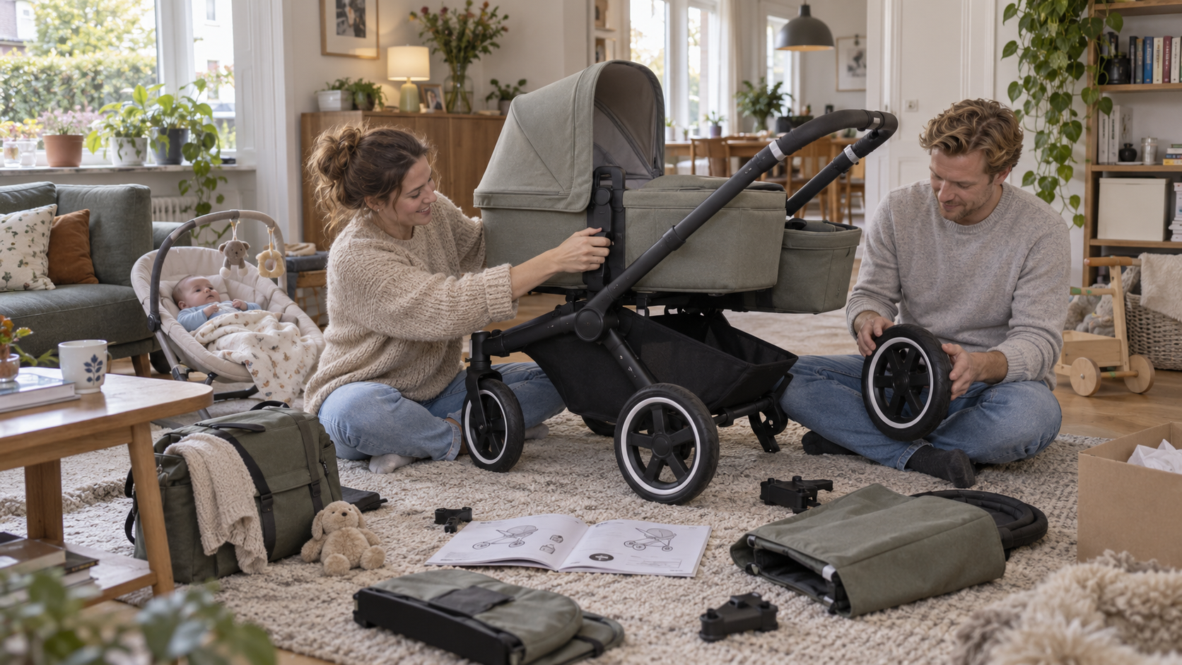Eltern beim Aufbau des Bugaboo Donkey 6 Mono mit Babywanne und einzelnen Kinderwagenteilen