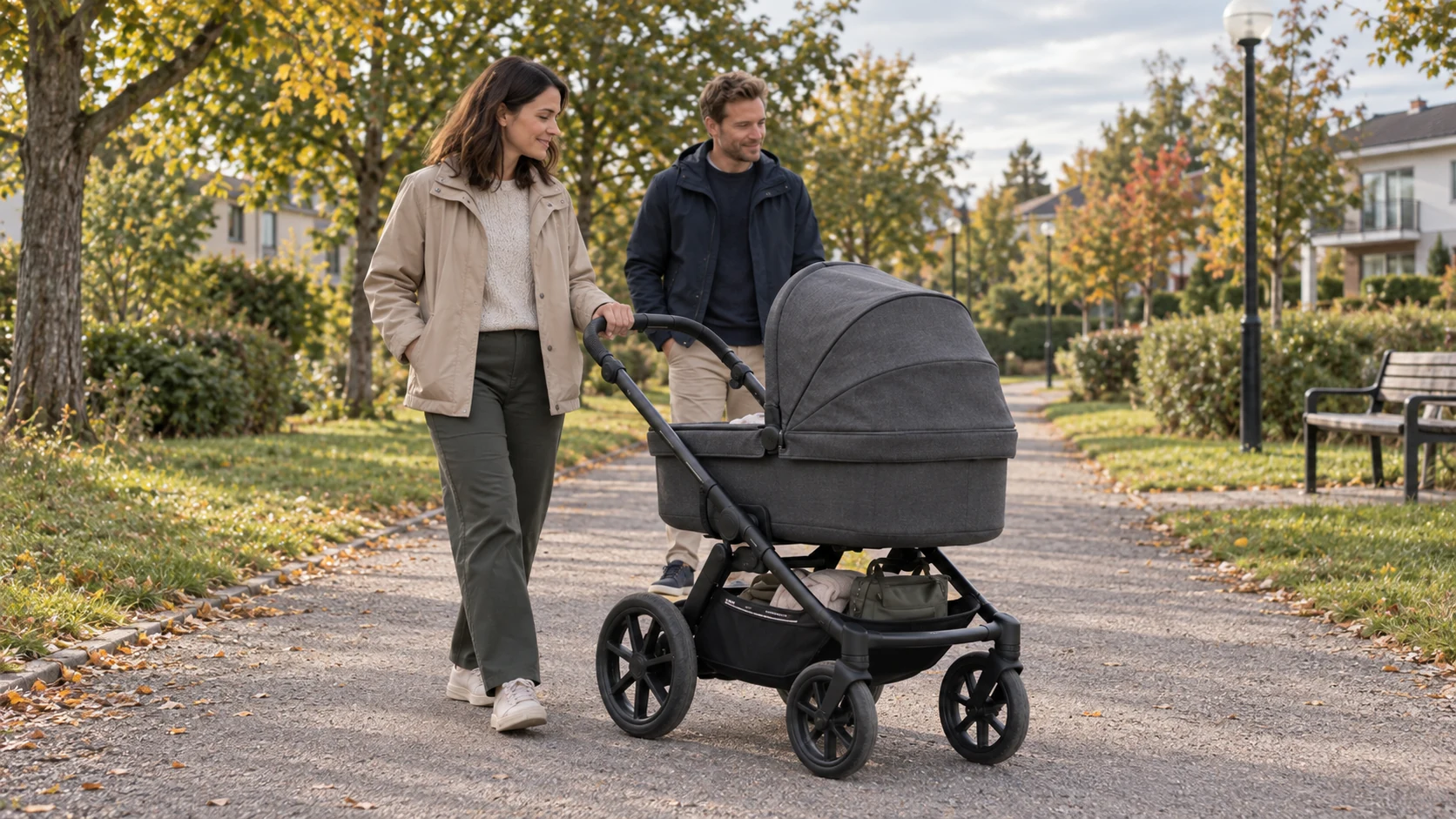 Emmaljunga SENTO MAX mit Babywanne in seitlicher Gesamtansicht auf einem Parkweg