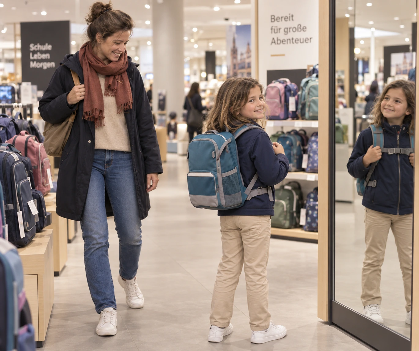 ergobag cubo light – Grundschulkind probiert Schulranzen mit Mutter im Fachgeschäft an