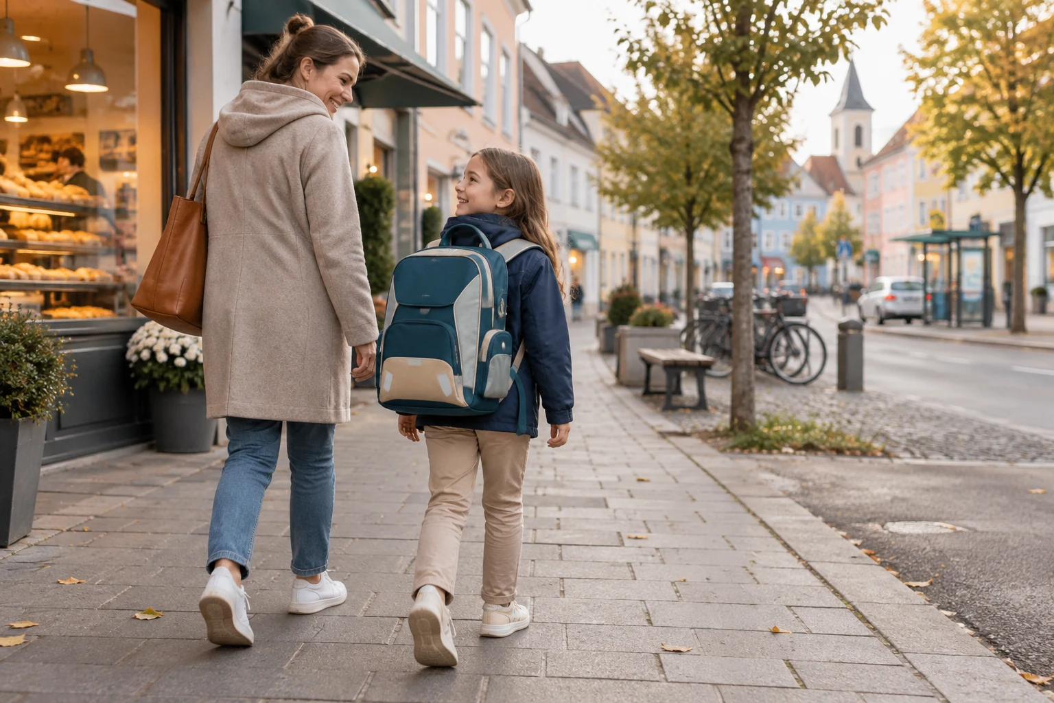 Grundschulkind mit Schulranzen auf dem Schulweg mit seiner Mutter