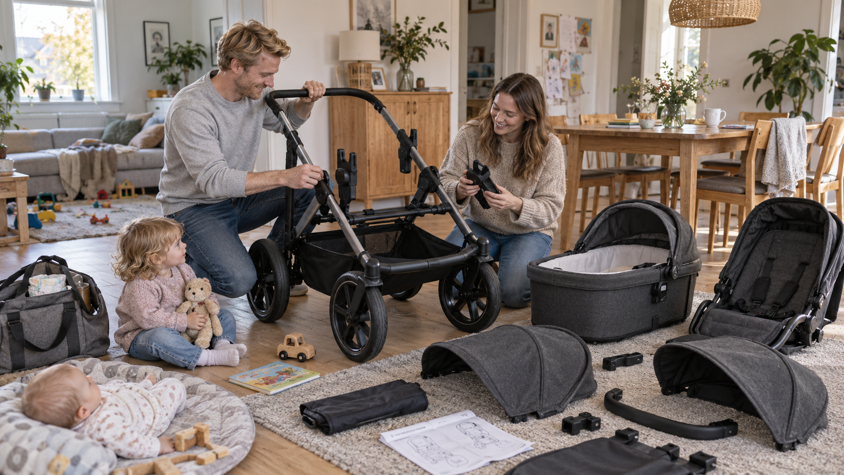 Aufbau des Bugaboo Donkey 6 Double mit Fahrgestell, Babywanne und Sitz im Wohnbereich