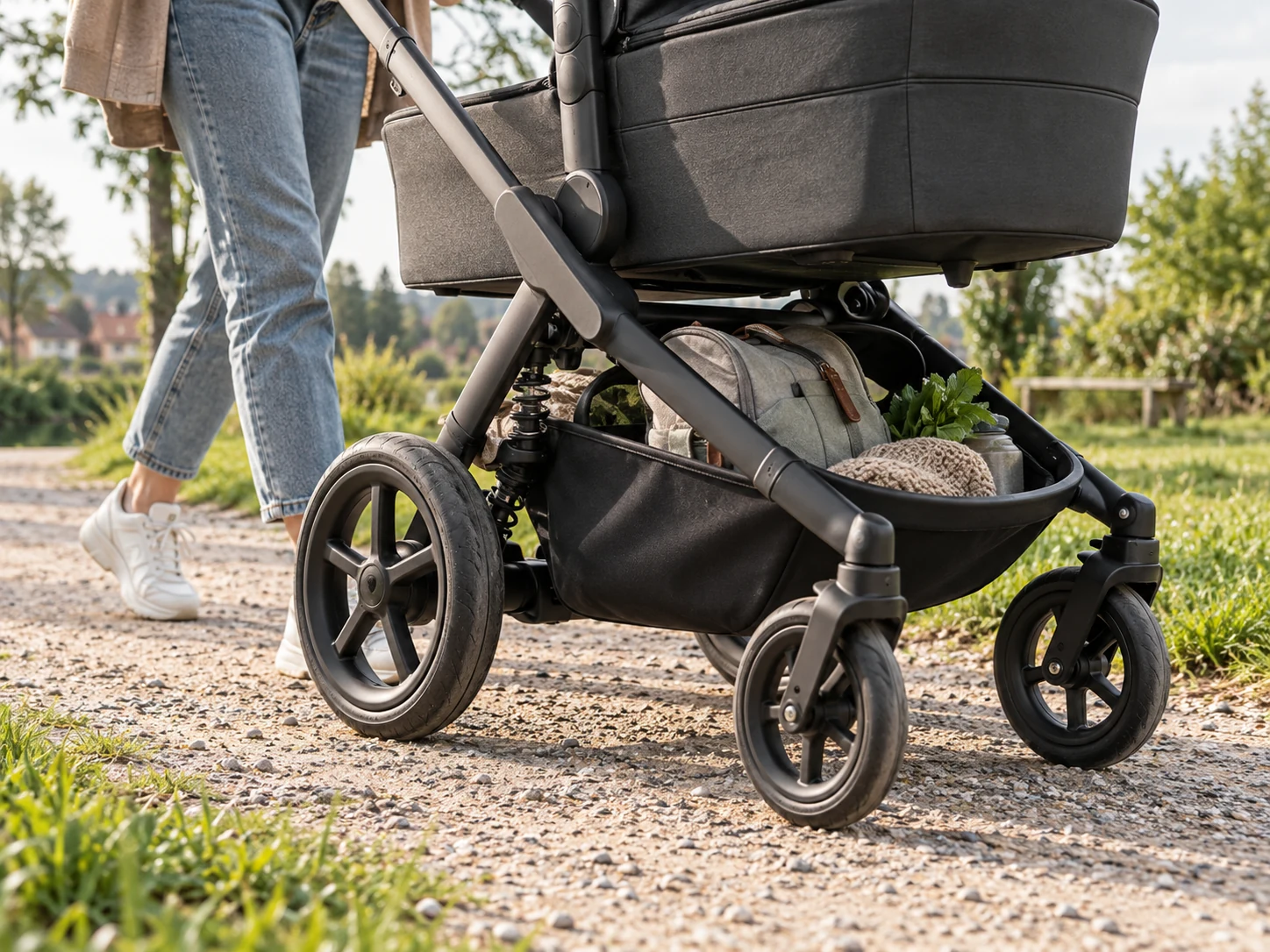 Detailansicht von Rädern, Federung und Einkaufskorb des Bugaboo Cub