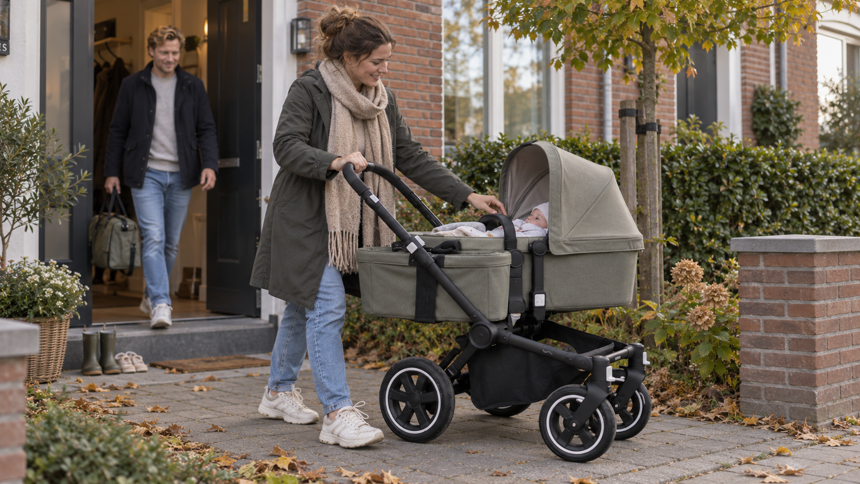 Bugaboo Donkey 6 Mono mit großen Rädern, Babywanne und Seitentasche vor einem Hauseingang
