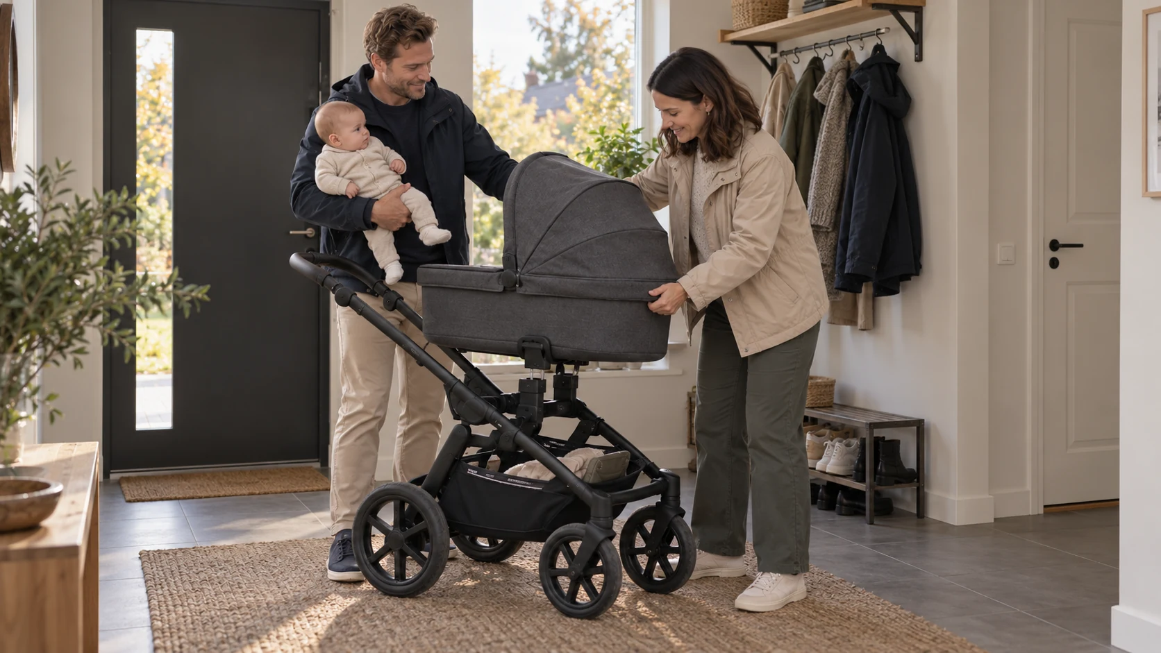 Emmaljunga SENTO MAX beim Befestigen der Babywanne auf dem Fahrgestell