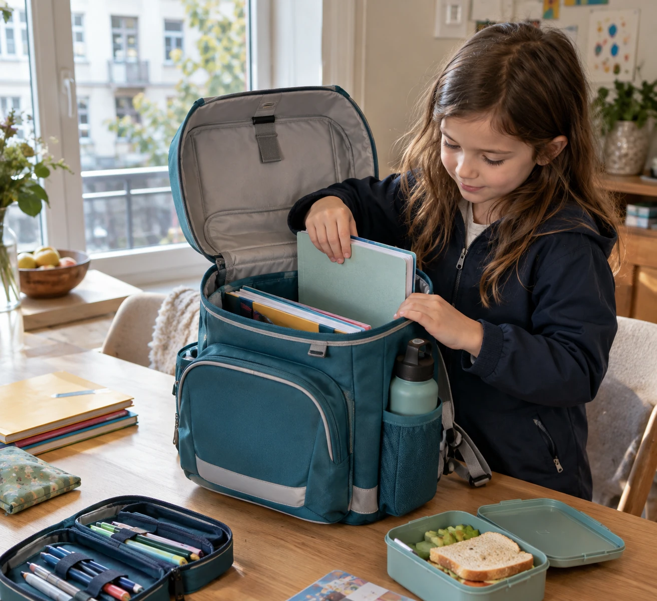 ergobag cubo light – Kind mit Schulranzen bei der Anprobe und Passformkontrolle