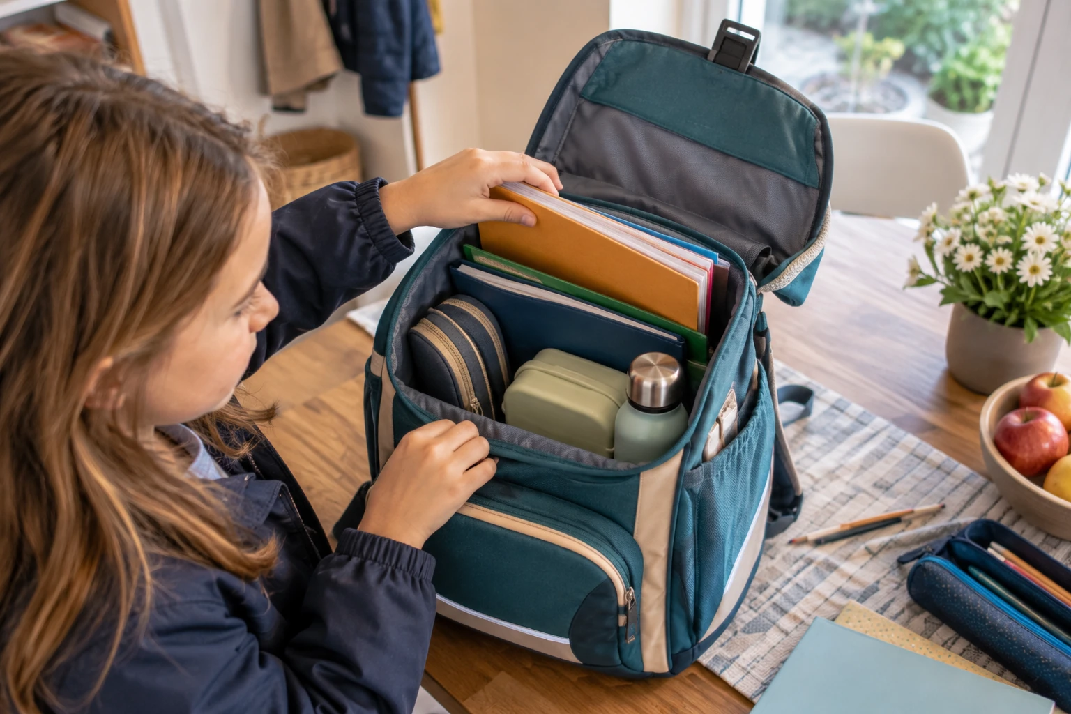 Geöffneter Schulranzen mit Büchern, Brotdose und Trinkflasche