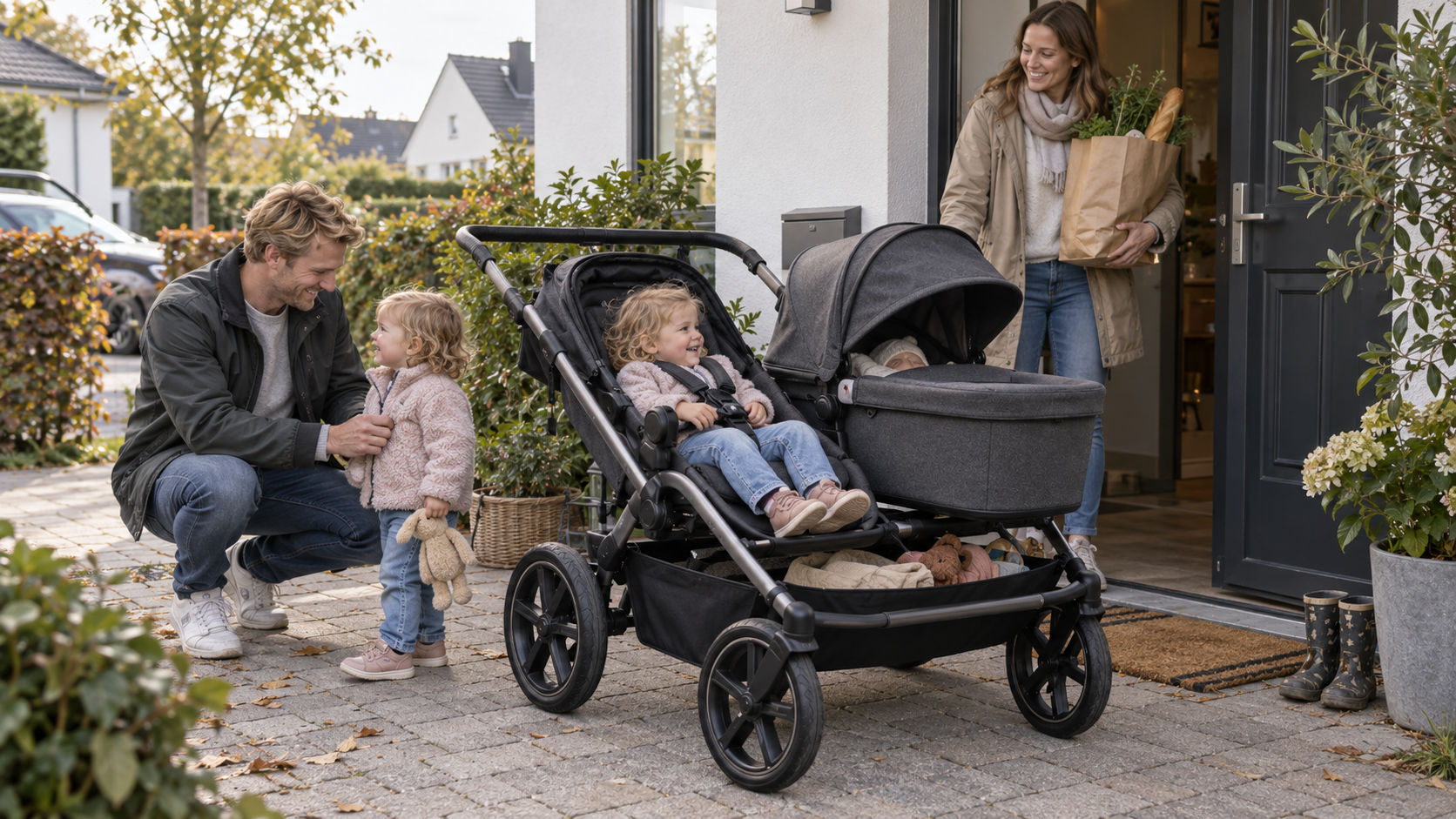Bugaboo Donkey 6 Double mit großem Rahmen, Rädern und Side-by-Side-Sitzen vor einem Hauseingang