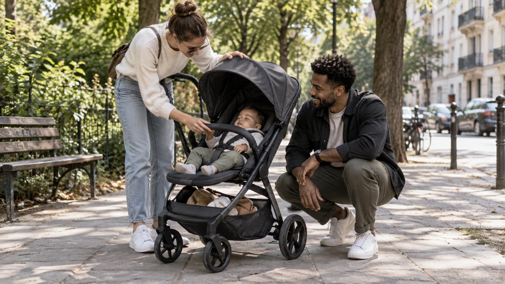 Kind entspannt im ABC Design Avus 3 ähnlichen Buggy am städtischen Park